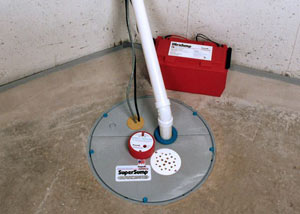 A sump pump system with a battery backup system installed in Plymouth